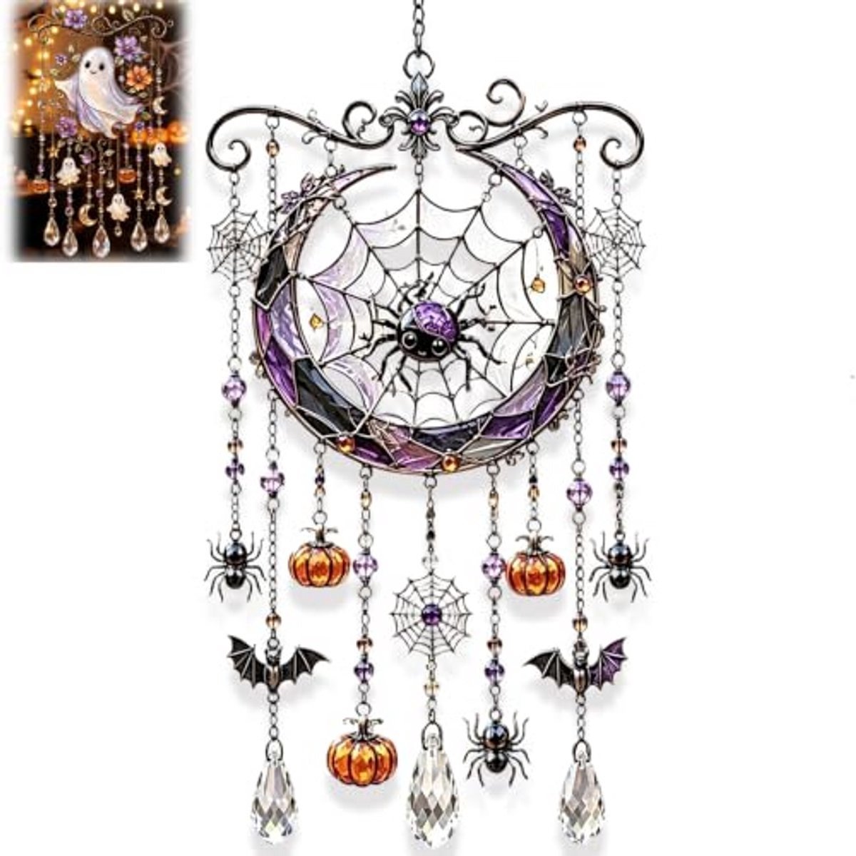 Casalora® Halloween Kristallen Windspel - Gotische Glinsterende Acryl Hangende Decoratie - Buitendecoratie voor Tuin, Veranda, Balkon en Raam (Spinnenweb Maan) - Spookachtig Schattig Herfst Cadeau