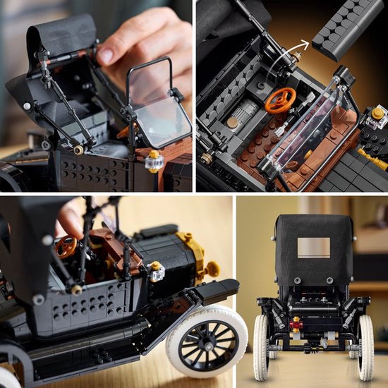 Collage: Detail interieur LEGO Ford Model T, dak omhoogklapbaar, stuur. Achteraanzicht van de auto.