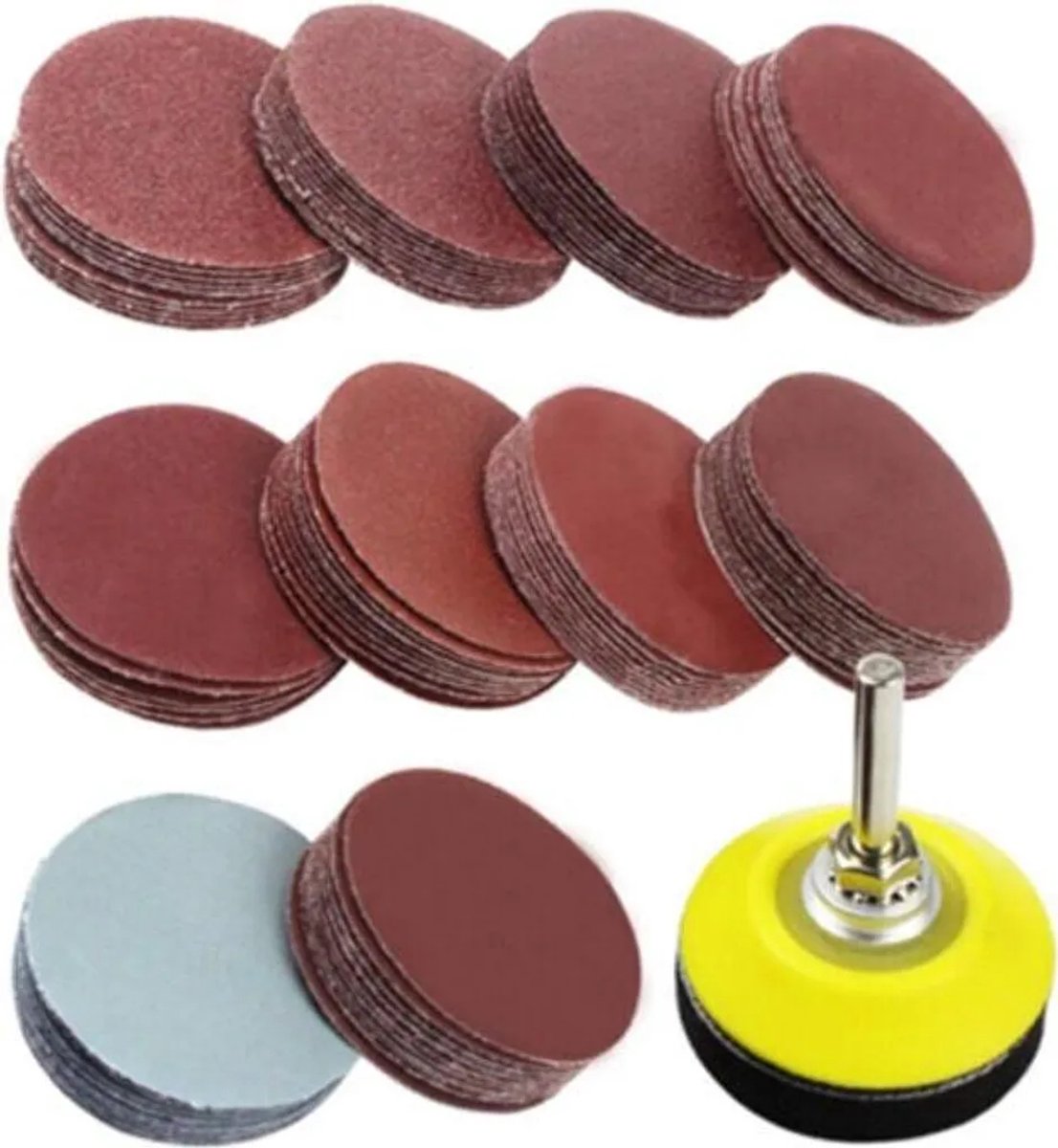 100 schuur-/polijstschijven van 50 mm + 1 schuur-/polijstpad Geschikt voor boorbits, Geschikt voor schuurkorrelgroottes van 80, 100, 180, 240, 600, 800, 1000, 1200, 2000 en 3000.