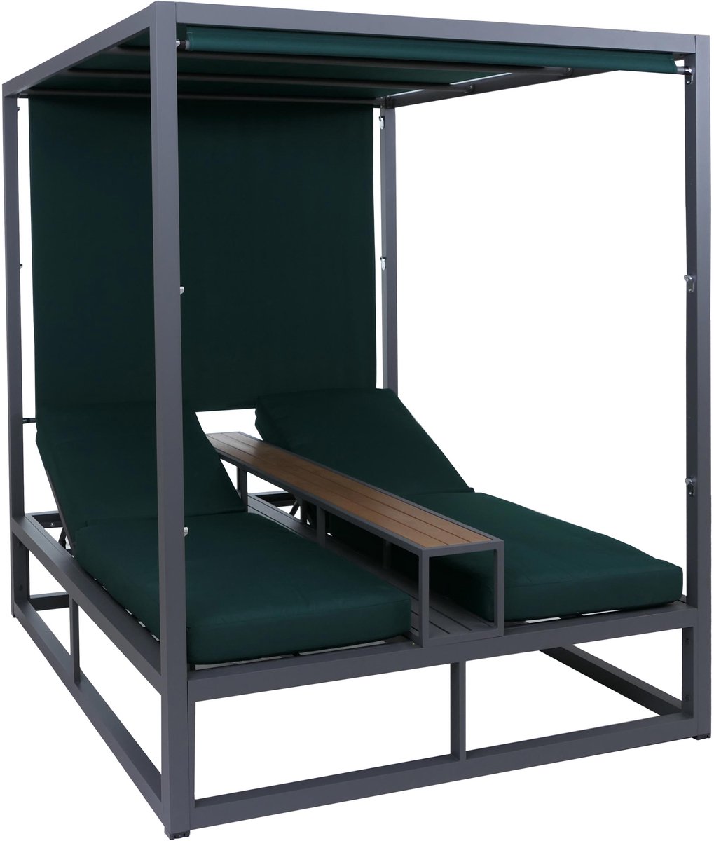 Aluminium loungeligstoel MCW-P81, ligbed, 10 cm dik kussen 220 g/m², 196 x 165 x 196 cm ~ donkergrijs, kussen donkergroen