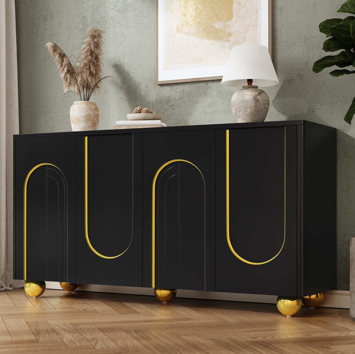 MODENUIT Dressoir - 4 Deuren Met Gouden Booglijnen - Voor Hal En Woonkamer - MDF Zwart - 140x40x74 Cm