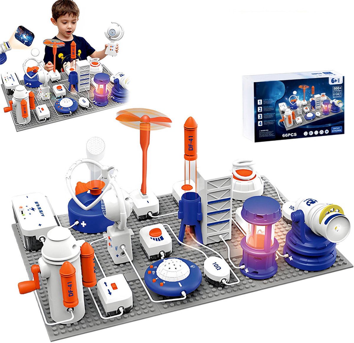 Elektronische experimentenset - Wetenschappelijke experimentenset voor kinderen - 500 circuitexperimenten - Doe-het-zelf-circuitexperimenten - Educatief speelgoed voor kinderen vanaf 8 jaar - Natuurkundige circuitbouw - Set van 66 onderdelen