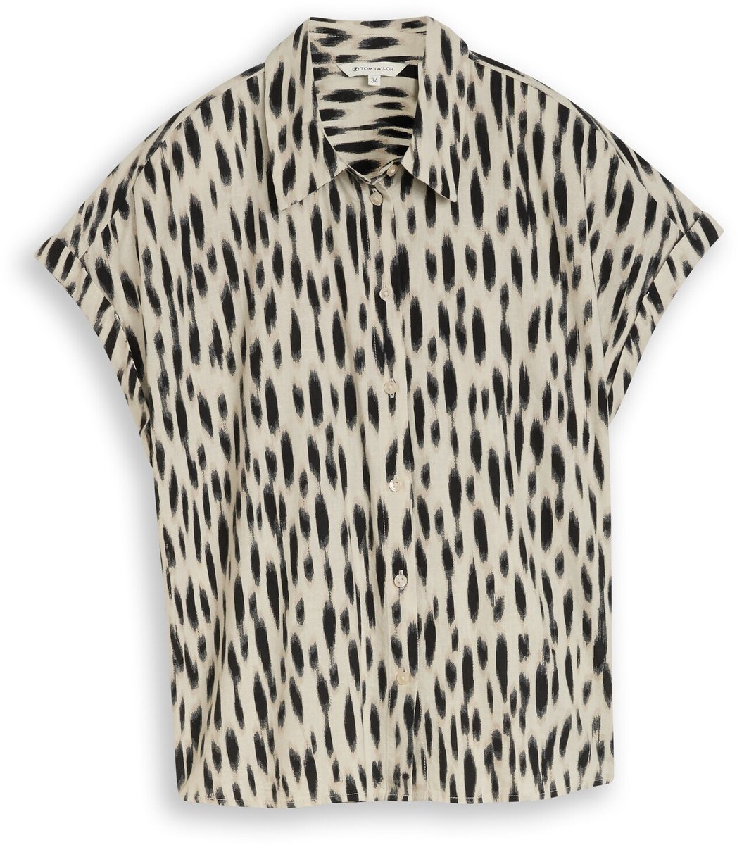 Tom Tailor - Losvallende blouse met linnen - Maat 42 - sand stone beige abstract dot
