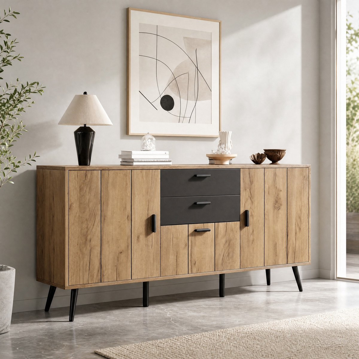 MODENUIT Dressoir - 2 Lades En 3 Deuren - Voor Woonkamer En Eetkamer - MDF - Zwart En Houtkleur - 140x35x67 Cm