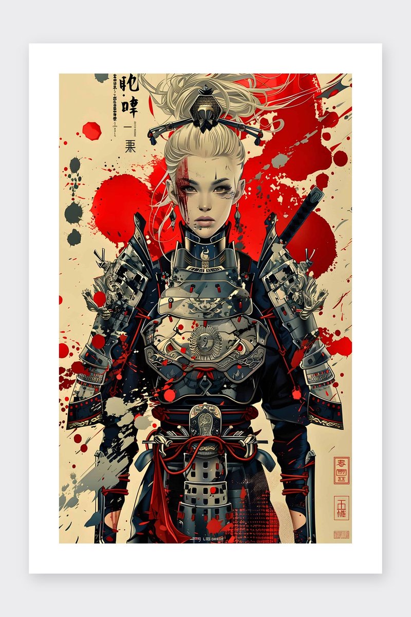Samurai Poster - Vrouwelijke - Krijger - Coole - Fantasie - Kracht - posters - formaat 30x40cm - Wanddecoratie - BXS3979MT - Met kader - passe-partouts stijl
