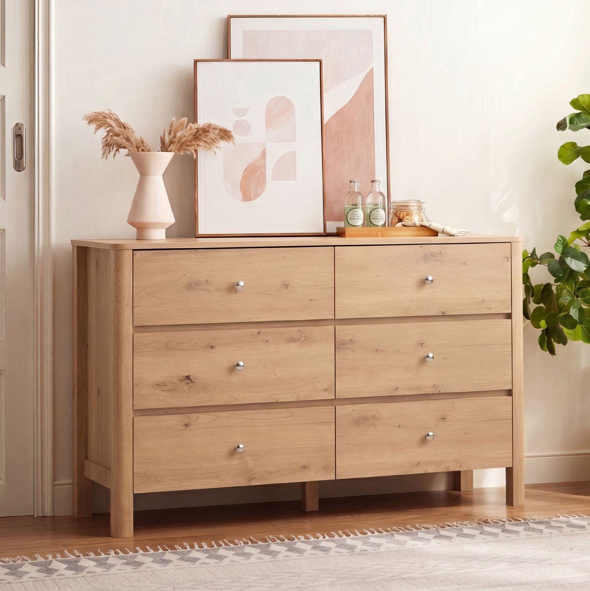 MODENUIT Dressoir - 6 Lades Met Metalen Geleiders - Voor Woonkamer En Entree - Eiken - 120x40x80 Cm
