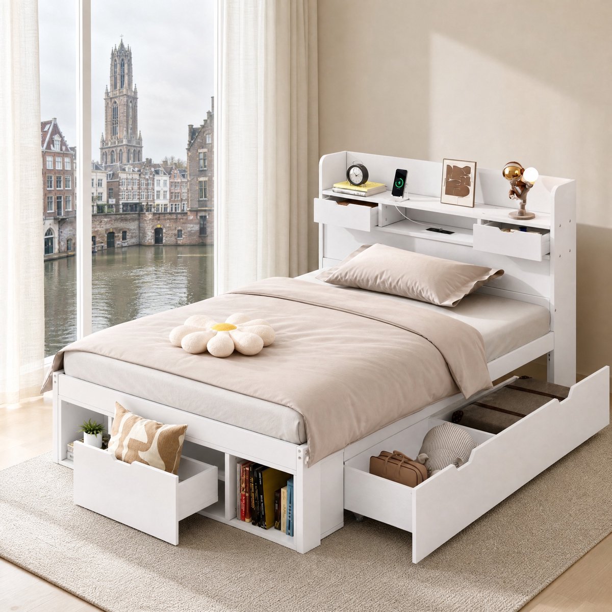 WUVRIE Eenpersoonsbed 90x200 cm met USB, bedlades, opbergruimte en lattenbodem, wit