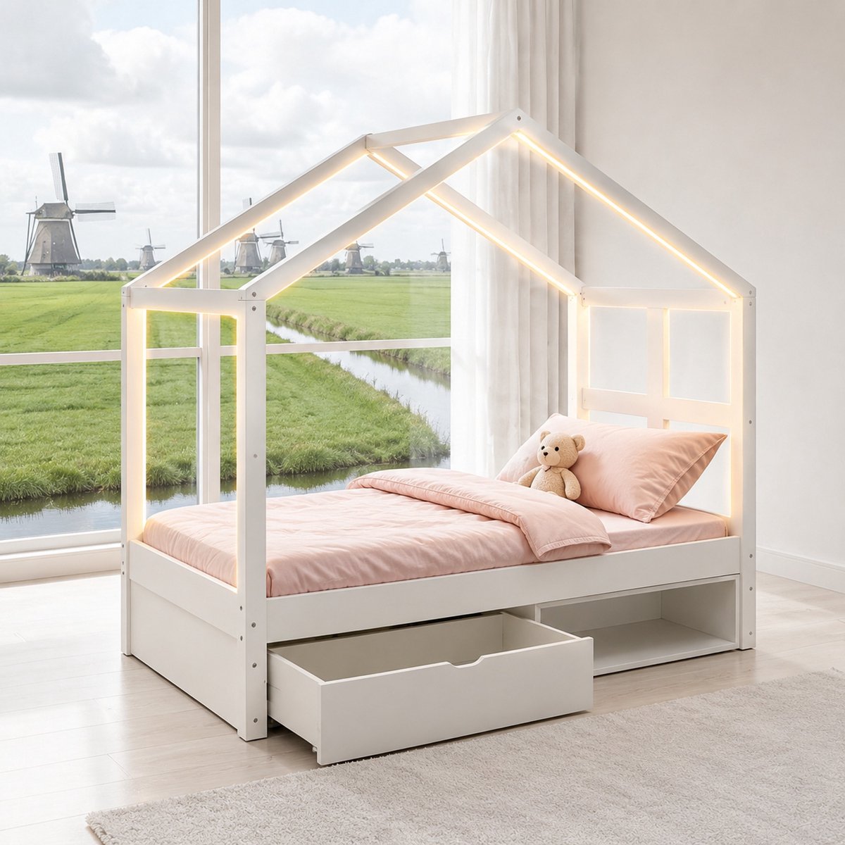 WUVRIE Normaal bed 90x190 cm met opberglade, opbergvak, LED-verlichting en lattenbodem, wit