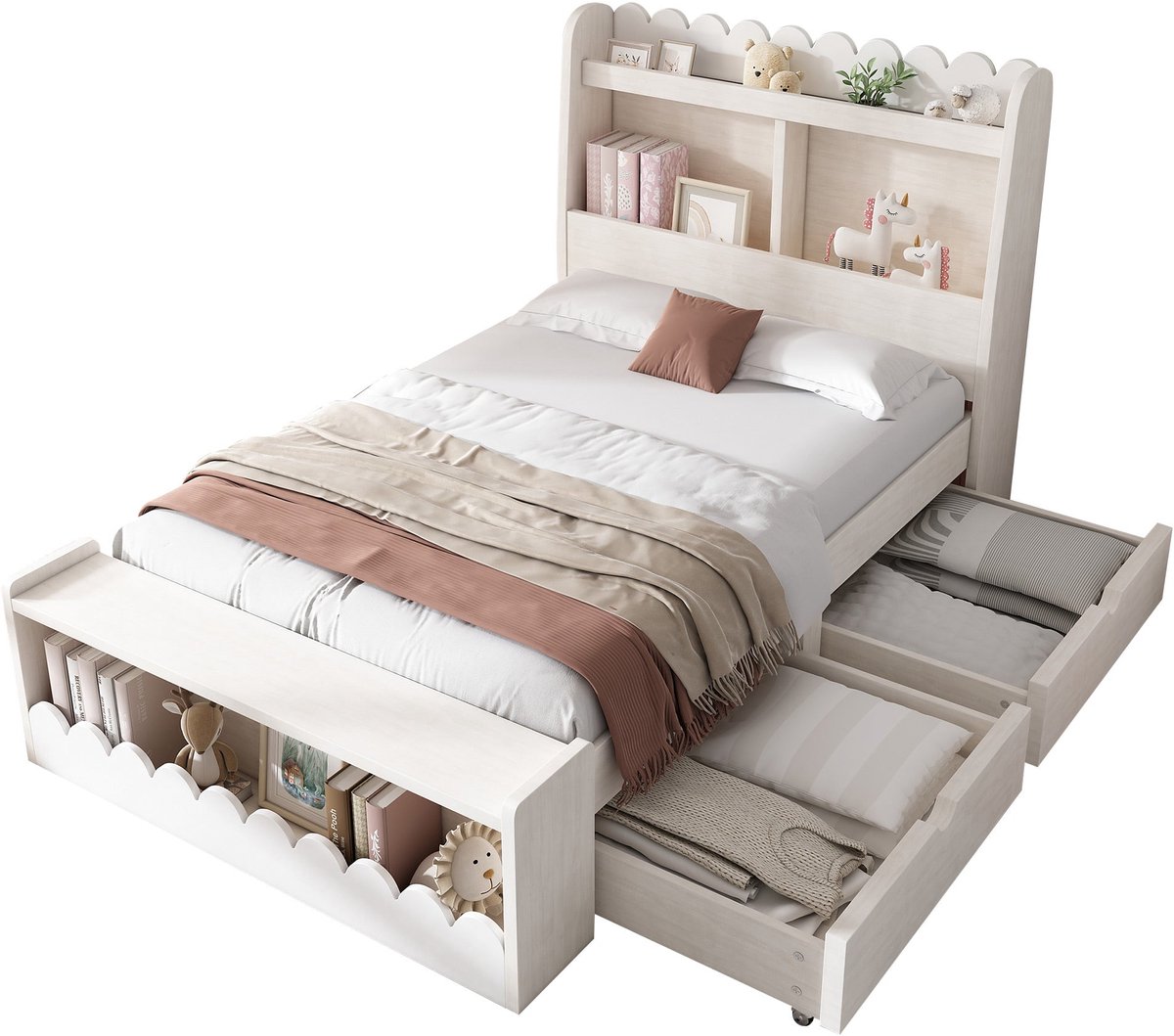 Merax Kinderbed met Opbergruimte 90x200 cm - Wit met Eikenhout Bruin - Eenpersoonsbed met Lade - Planken en Zitbank