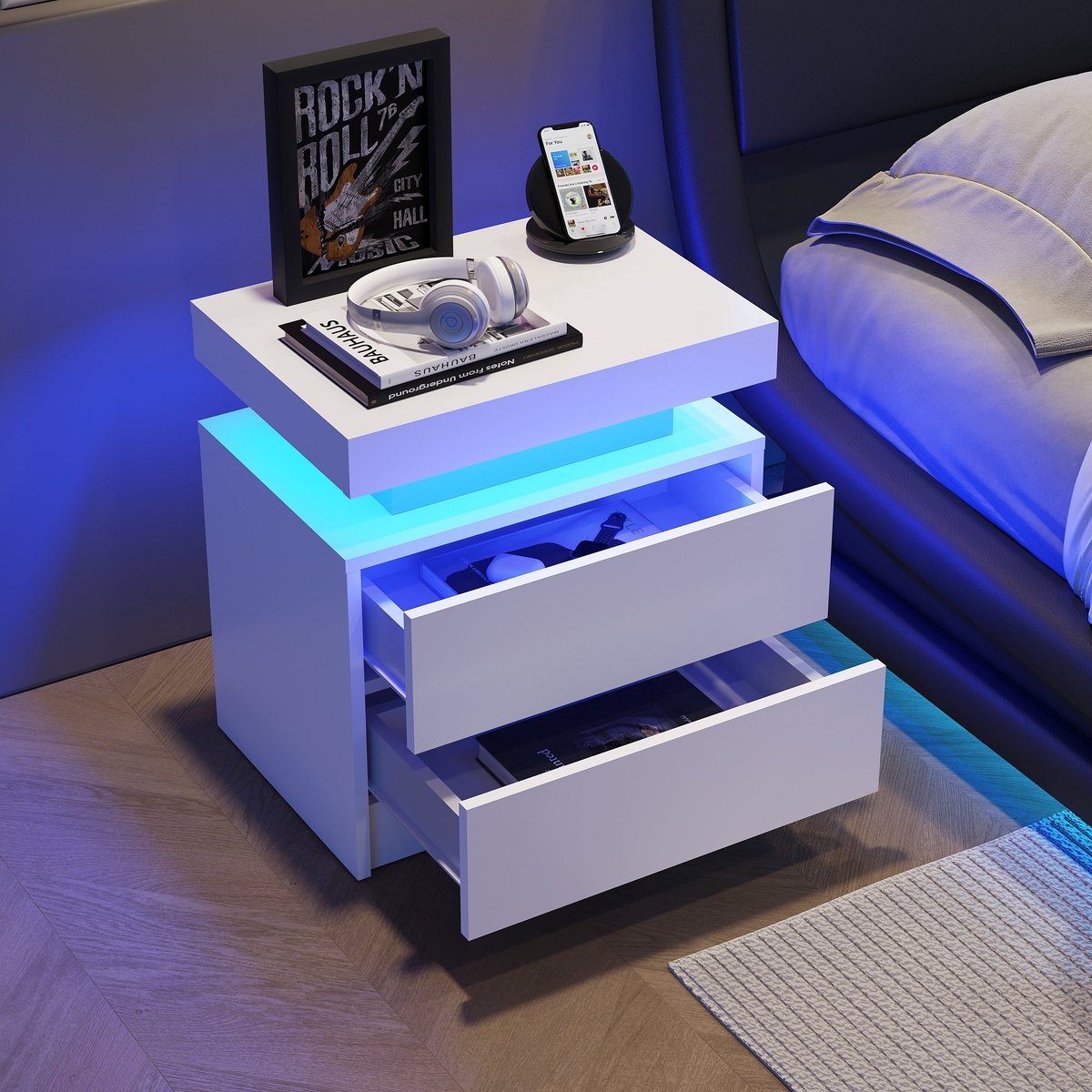 Merax Nachtkastje met LED-verlichting - Moderne Bijzettafel met 2 Lades en Instelbare Kleuren - Wit