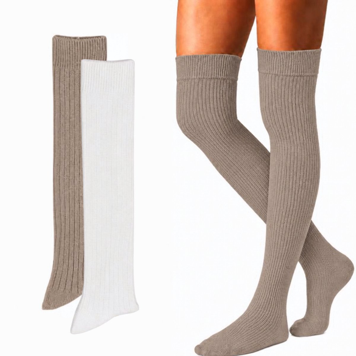 green-goose Alpaca Kniekousen - 2 Paar - Hoge Kwaliteit Warme Thermossokken - Bruin & Wit - Elegante Alpaka Sokken Dames - Maat 35-38
