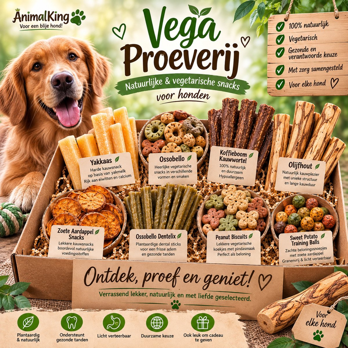 Animal King VEGA Proeverijtje voor Honden – Vegetarische Hondensnacks – Yakkaas, Ossobello & Kauwhout.