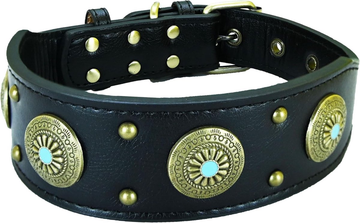 Vintage Dog Collar with Alloy Metal Decoration Retro Wide Collar for Medium Dogs Large Dogs - Black - S - ShopVlot