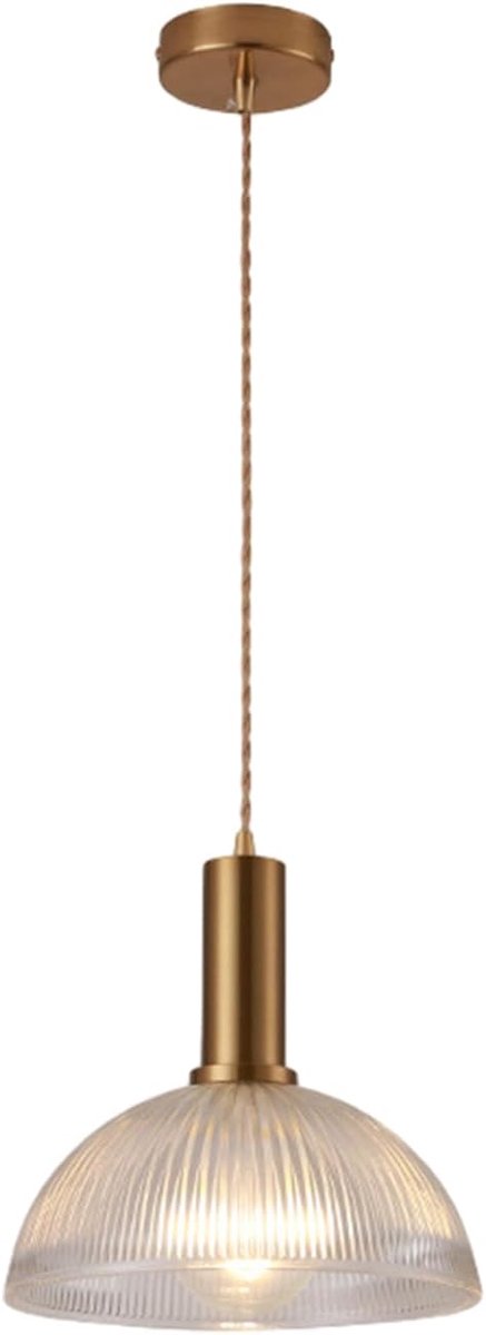 EKSED Hanglamp, lampenkap van transparant glas, gestreept, 25 cm, met vergulde E27-lamphouder en gevlochten kabel - ShopVlot