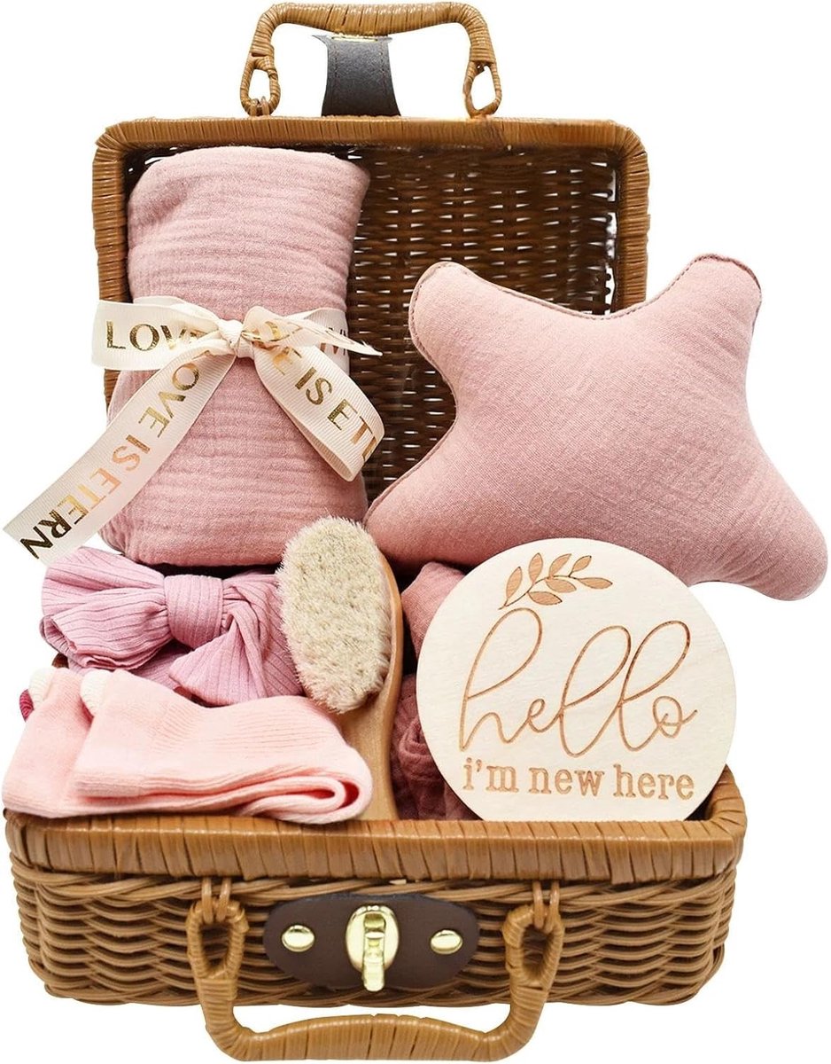 7-delige newborn cadeau set, babycadeau voor jongens en meisjes, inclusief deken, haarband, borstel, sokken, mijlpaalkaart en souvenirdoos, ideaal voor babyshower en kraamcadeau