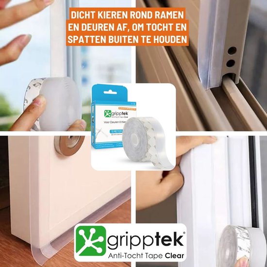Collage van GrippTek anti-tocht tape clear, aangebracht op deuren en ramen. Bevat productverpakking en een rol tape.