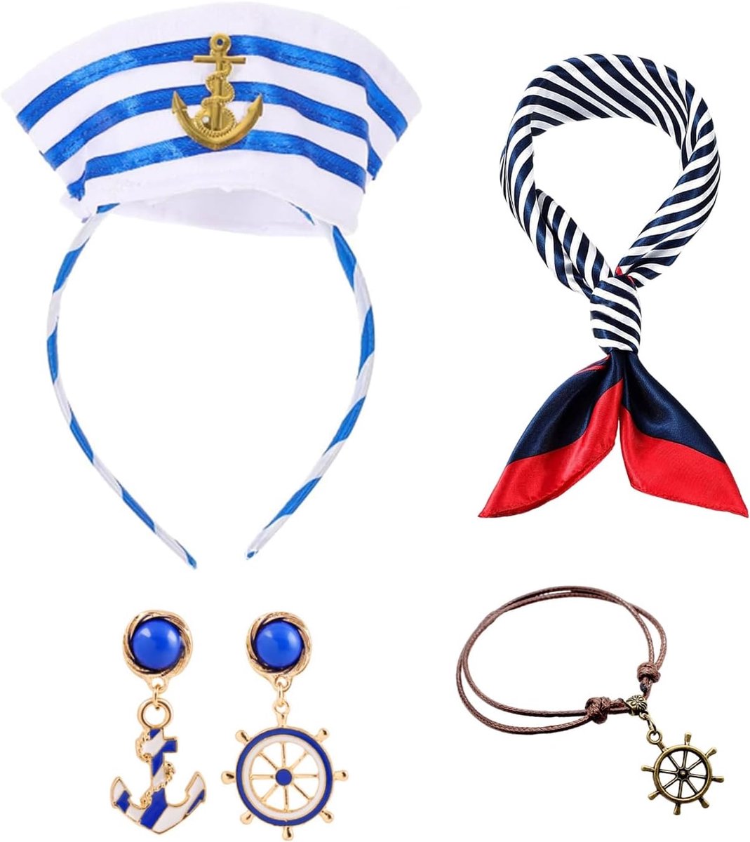 1 Hoofdband, 1 Zijden Sjaal, 1 Paar Oorbellen En 1 Armband, Kingaccessoires In Matrozenvorm, Marineblauwe Hoofddeksels - ShopVlot