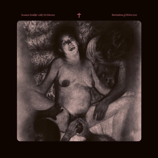 Albumhoes 'Revelations of Divine Love' van Susanne Sundfør met Kit Downes: een sepia-getinte illustratie van een geboorte.