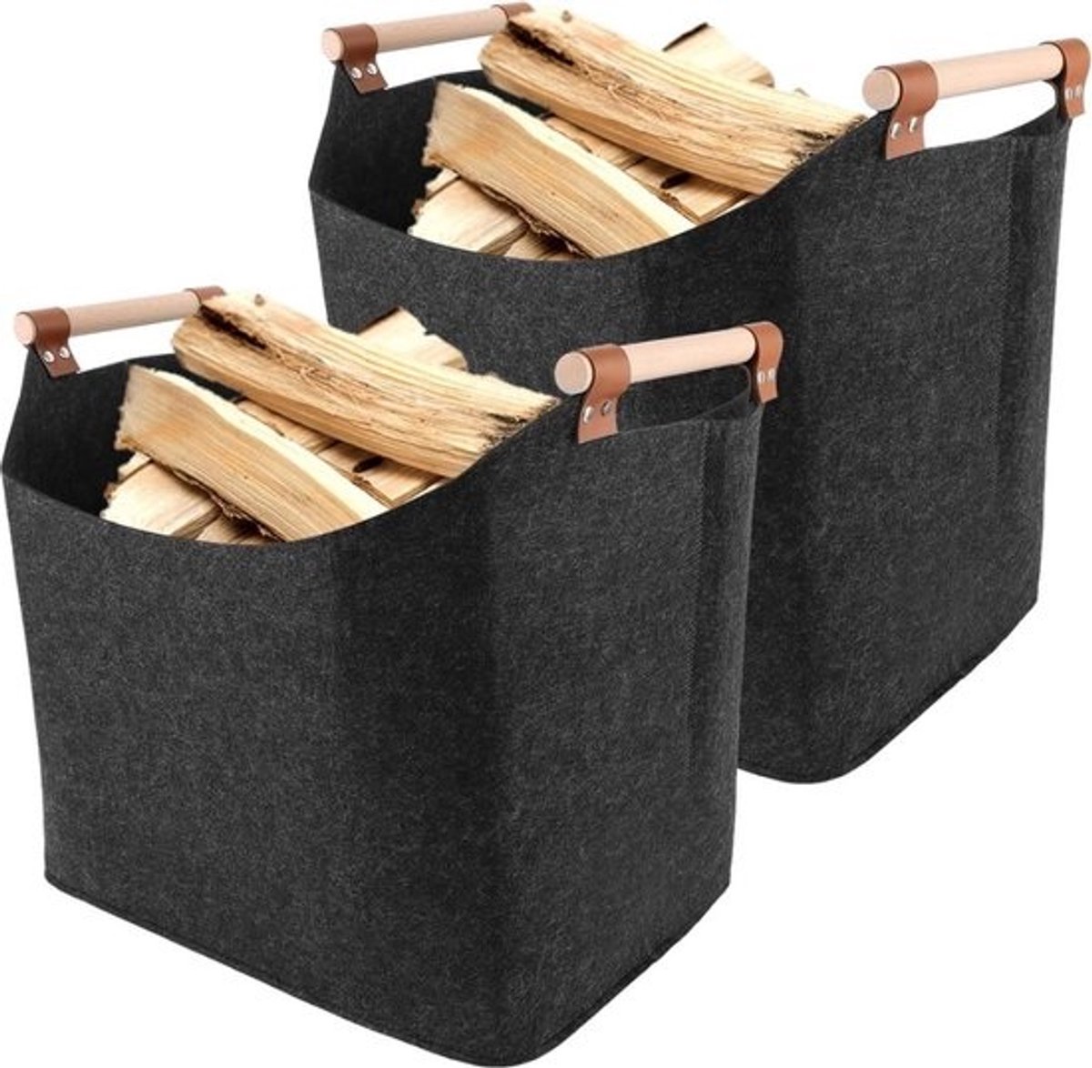Haardhoutopslag - Houten mand - 2 stuks - Opvouwbaar voor XL-haardhout, donkergrijs, met houten handvat