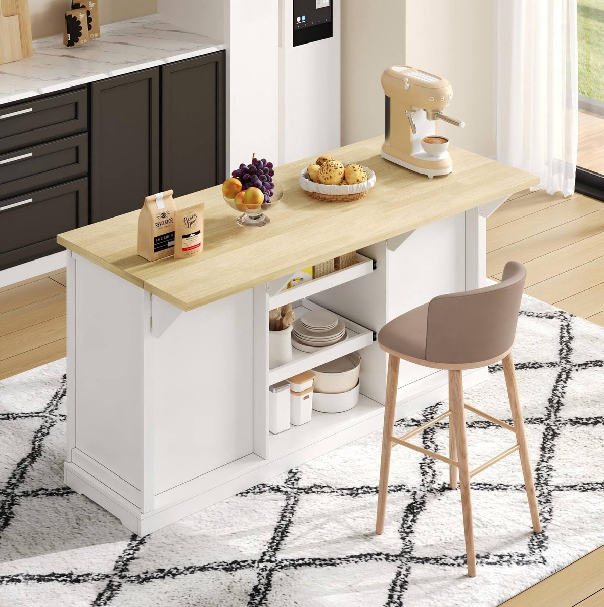 WUVRIE Keukeneiland 150x65x75,5 cm - 5 lades, verlengblad, USB en stopcontacten - Wit/naturel Wit met licht houtkleurig blad