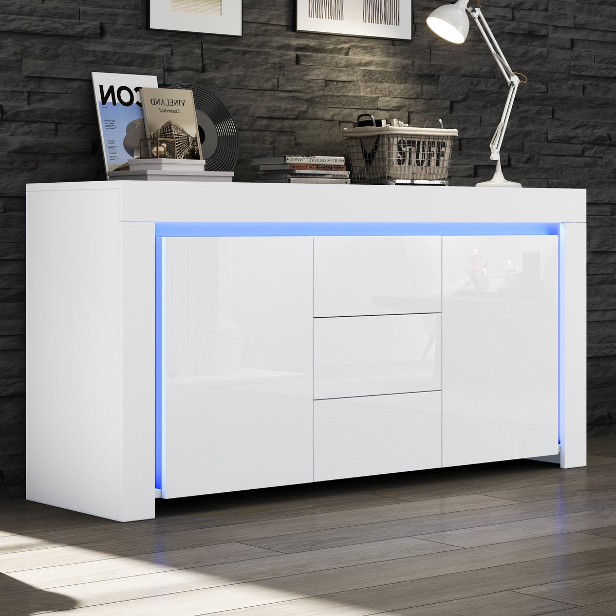 WUVRIE Dressoir 140 x 40 x 65 cm - 2 deuren, 3 lades en LED-verlichting - Hoogglans wit