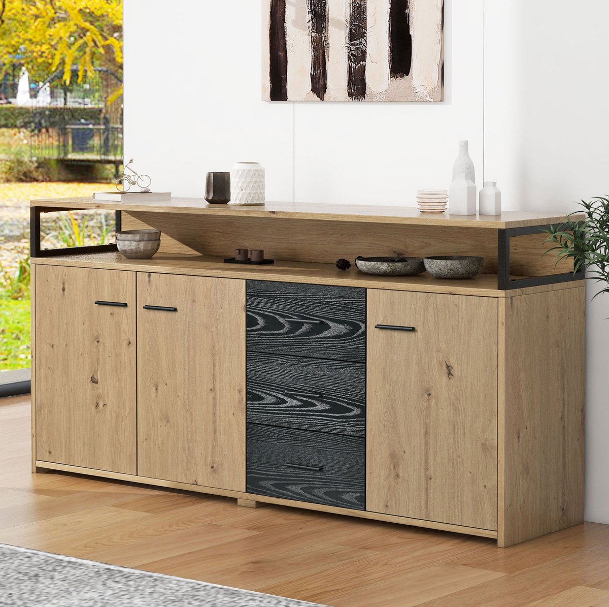 WUVRIE Dressoir 150 x 35 x 75,9 cm - 3 deuren, 3 lades en open vak - Industrieel - Zwart/houtkleur Zwart en houtkleur