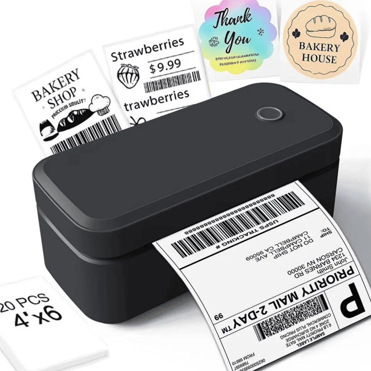 Homezo labelprinter - Verzendlabel/Barcodes/QR-codes/Afbeeldingen/Lettertypes/Symbolen - 20 Labels per minuut - Bluetooth - USB