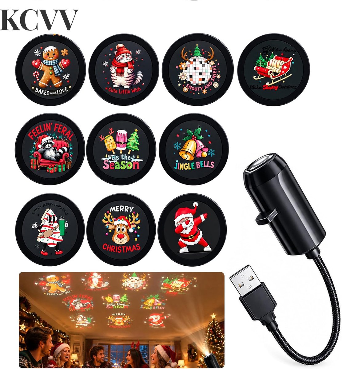 kerst projector-kerst projector binnen-kerstprojector- USB plug-and-play, 360° draaibare plafondlamp - Inclusief 10 feestelijke diavoorstellingen - Dynamische feestelijke scènes voor slaapkamer, woonkamer en auto - Zwart - 28 x 2 cm