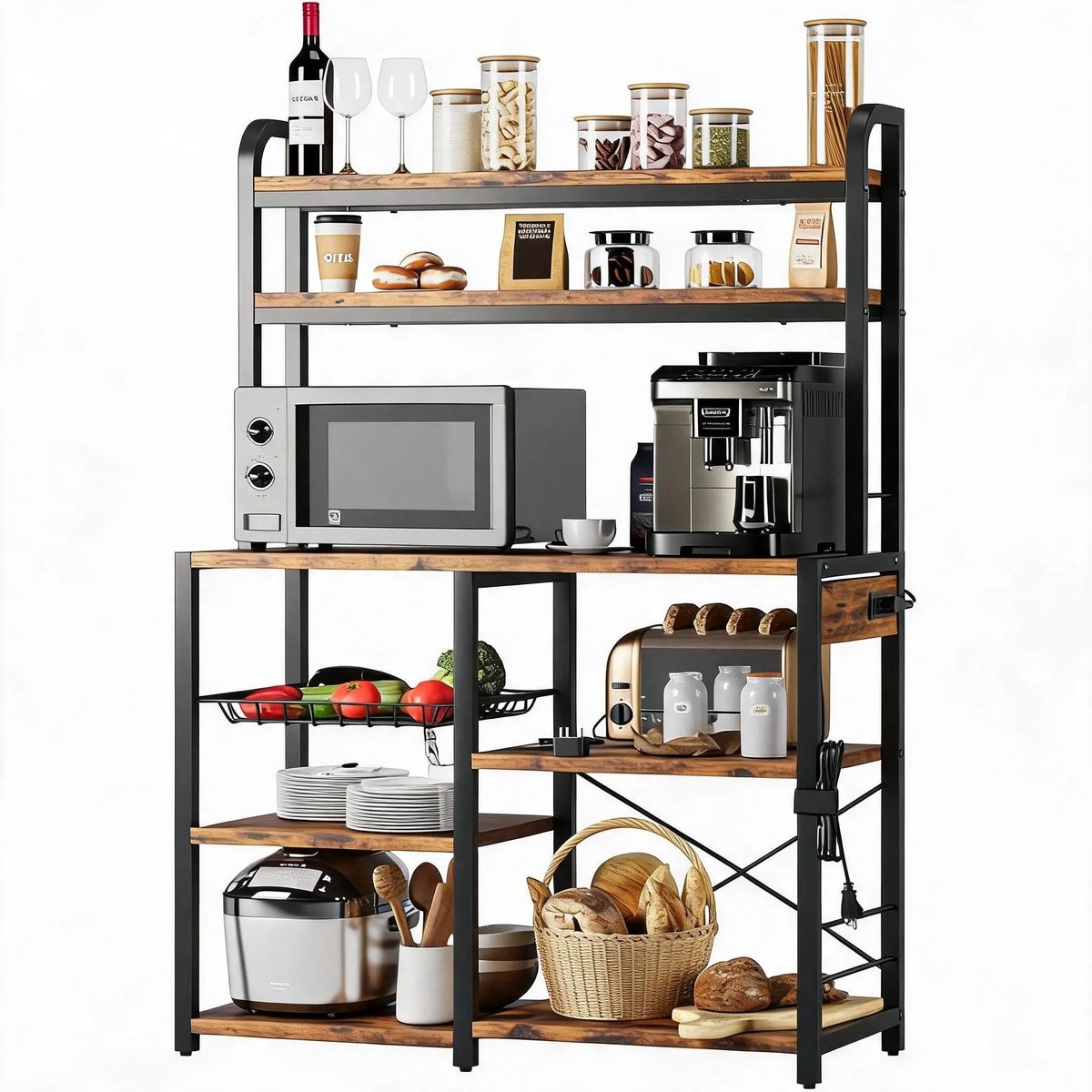 Bresht Bakkersrek - Keukenrek - Koffiebar & Magnetronrek - 6 Niveaus - Met Draadlade - Bruin met Zwart - 89,9 x 39,9 x 150,1 cm