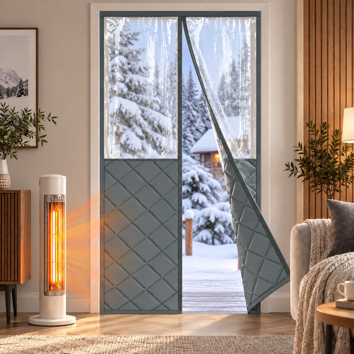 Lapamax Magnetische Isolerende Gordijnen met Groot PVC-Venster - 380GSM Gewatteerd Deurgordijn - Zelfsluitend, Zonder Boren - Dikke Gordijnen voor Keukendoorgang en Gang - Grijs -2 Stuks - 90 x 210 cm (B x H)