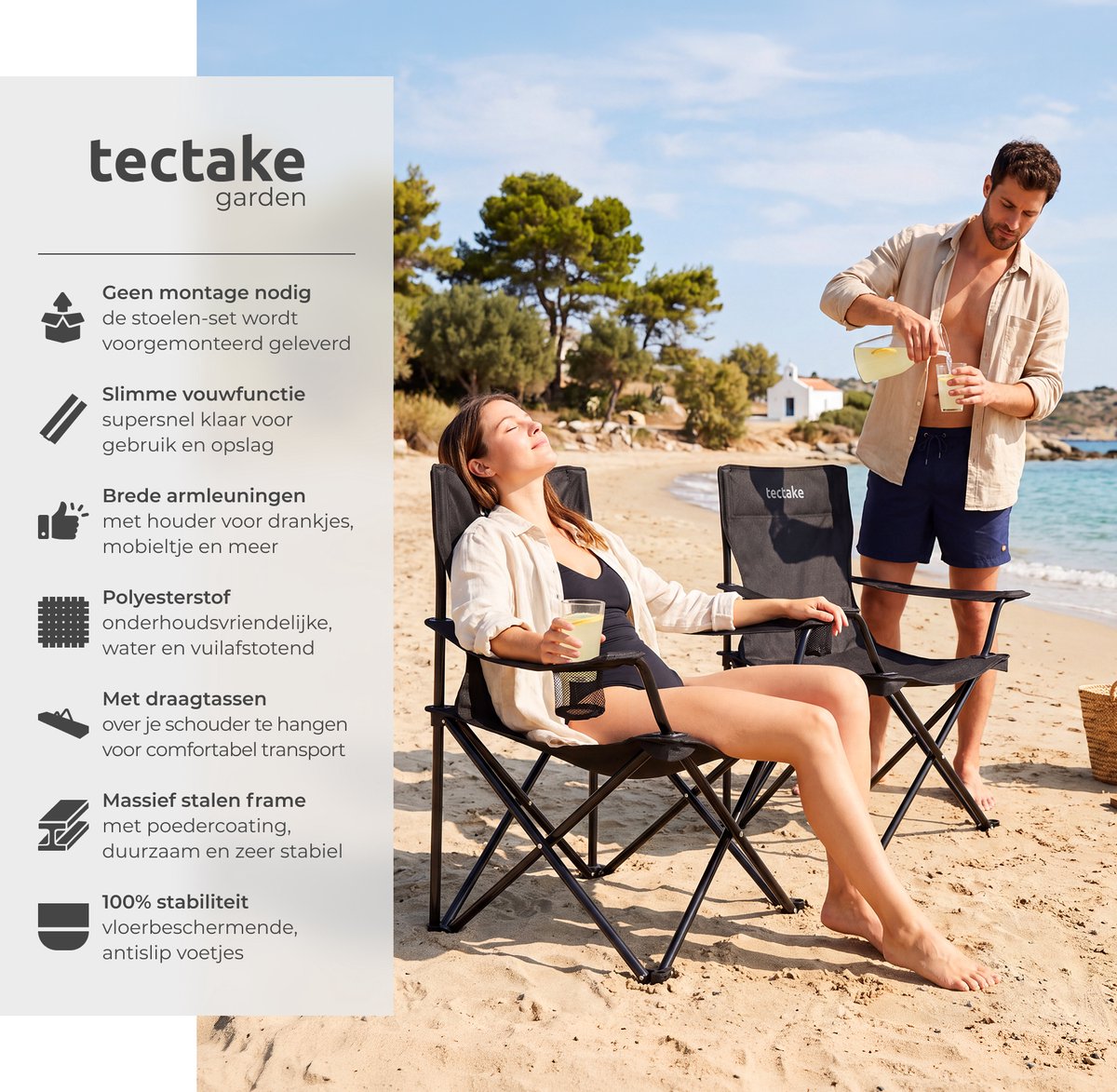 tectake® Set van 2 Campingstoelen - Klapstoel - Opvouwbare Visstoel met Armleuning en Bekerhouder - Inclusief Draagtas - Comfortabele Stoel voor Balkon, Tuin, Festival, Camping - Maximale belasting 100 kg - Afmeting (BxDxH) 80 x 48 x 84,5 cm - Zwart — cadeau in Sport & Outdoor - foto 3