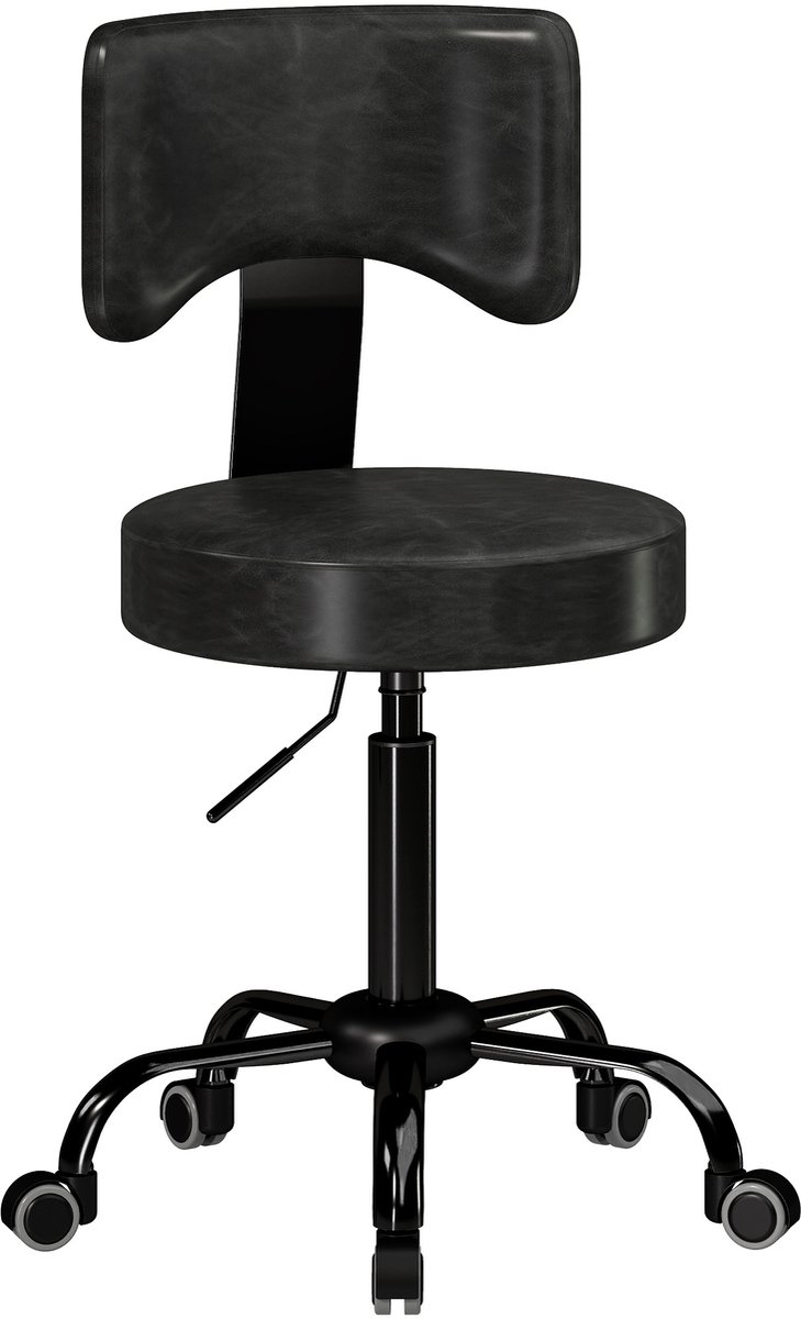 Salonkruk - in hoogte verstelbaar 47,5-63 cm, 360° draaibaar, met rugleuning, op wielen, PU-kunstleer, tot 120 kg, zwart, voor salon en spa