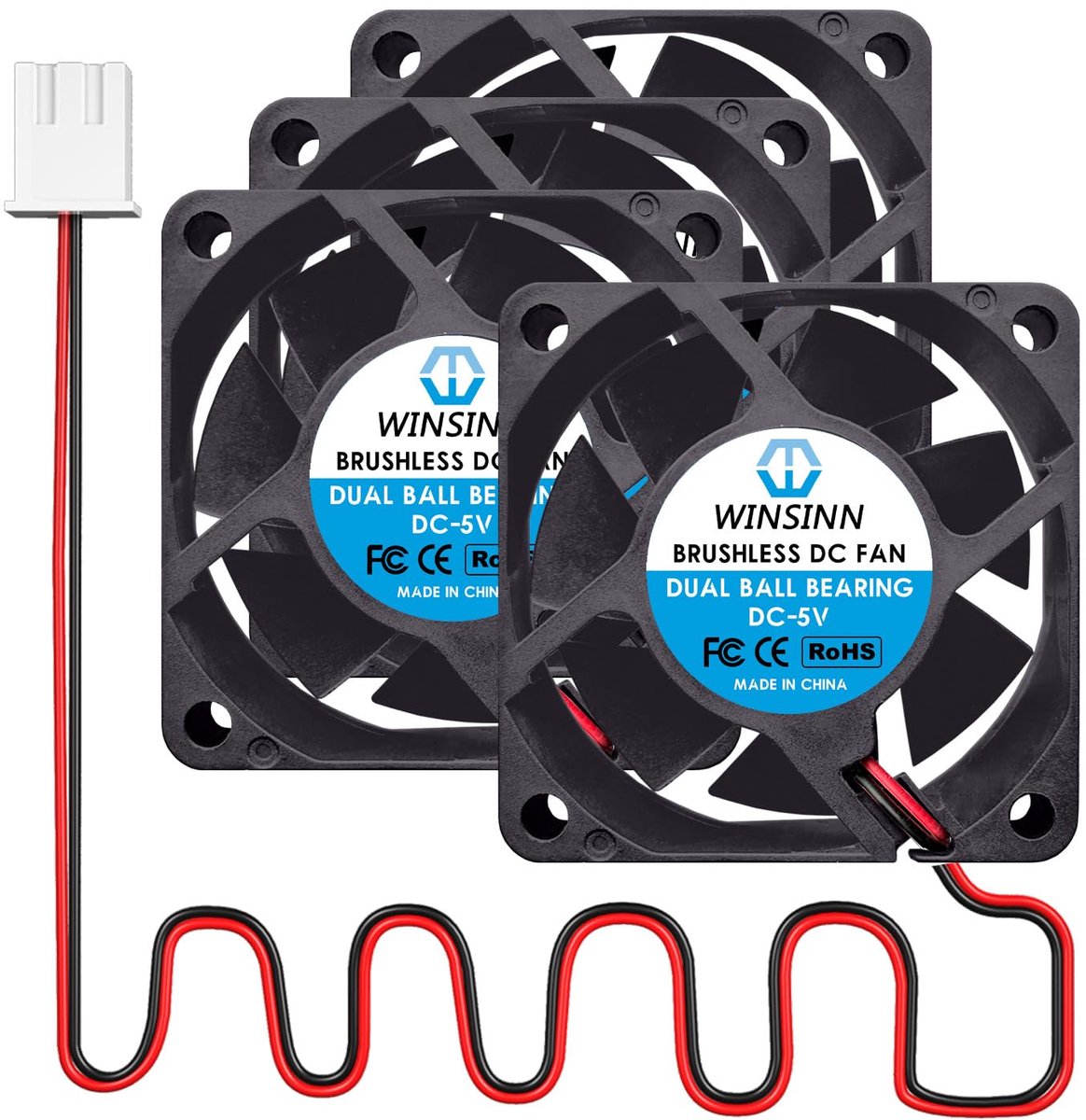 WINSINN DC 60mm Fan 5V 6025 Double Ball Bearings 5 Volt Brushless Cooling 60x25mm 2PIN (4-Pack) - ShopVlot