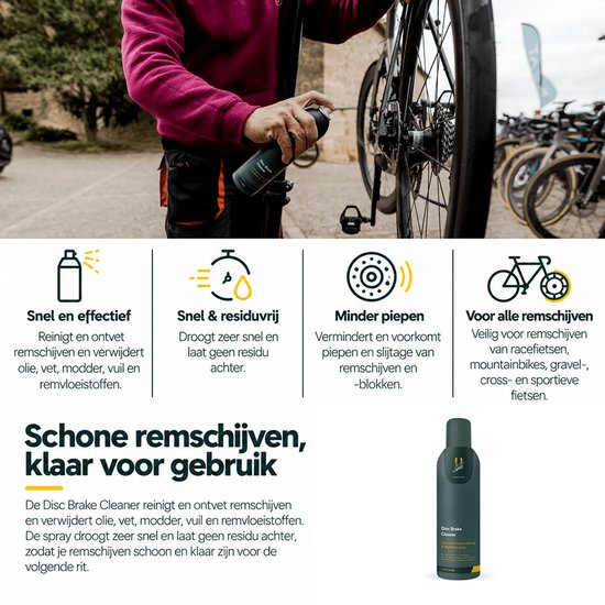 Een persoon spuit een remschijf met een zwarte bus U-Sport Disc Brake Cleaner. De bus is groen en zwart met witte letters.