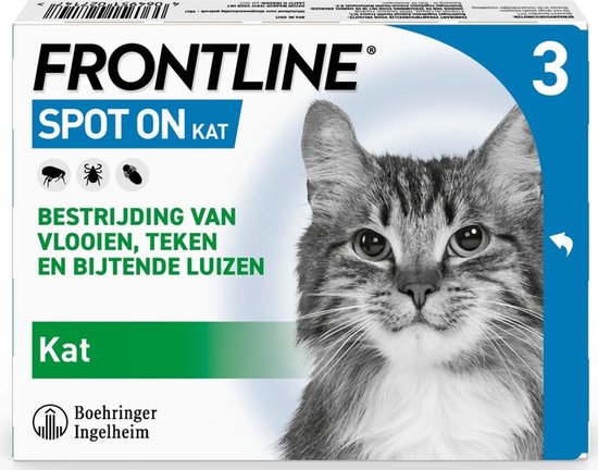 Doosje Frontline Spot On Kat met een kattenportret. Tekst: 'BESTRIJDING VAN VLOOIEN, TEKEN EN BIJTENDE LUIZEN'.