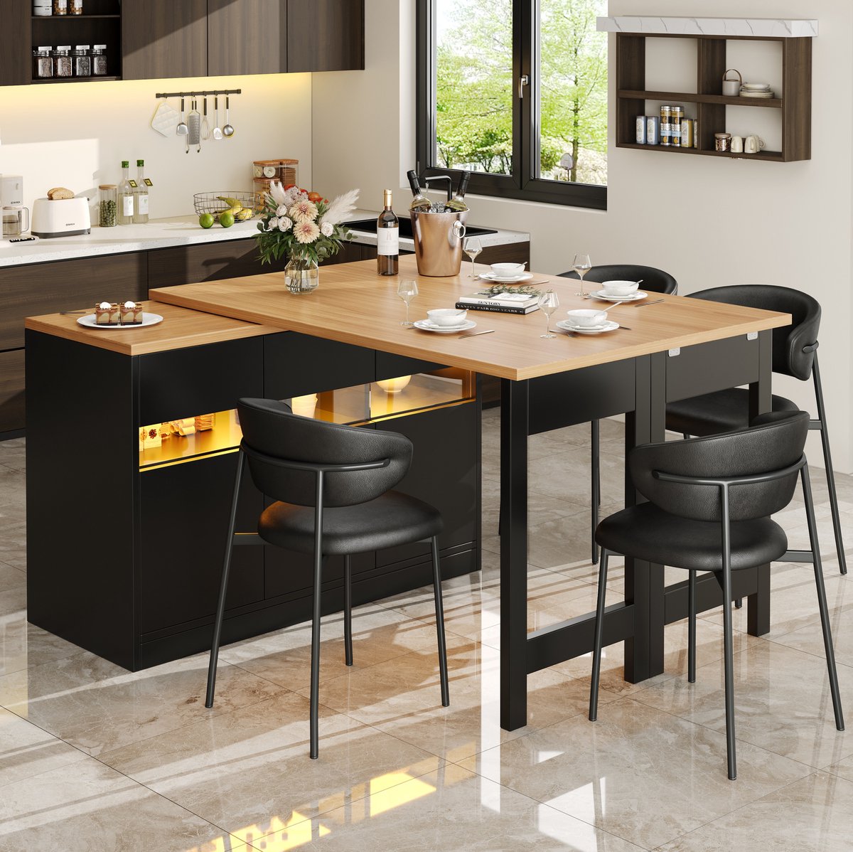 WUVRIE Uitschuifbare bartafel 120-180 cm - LED-verlichting, 360° draaifunctie en opbergruimte - Zwart/naturel