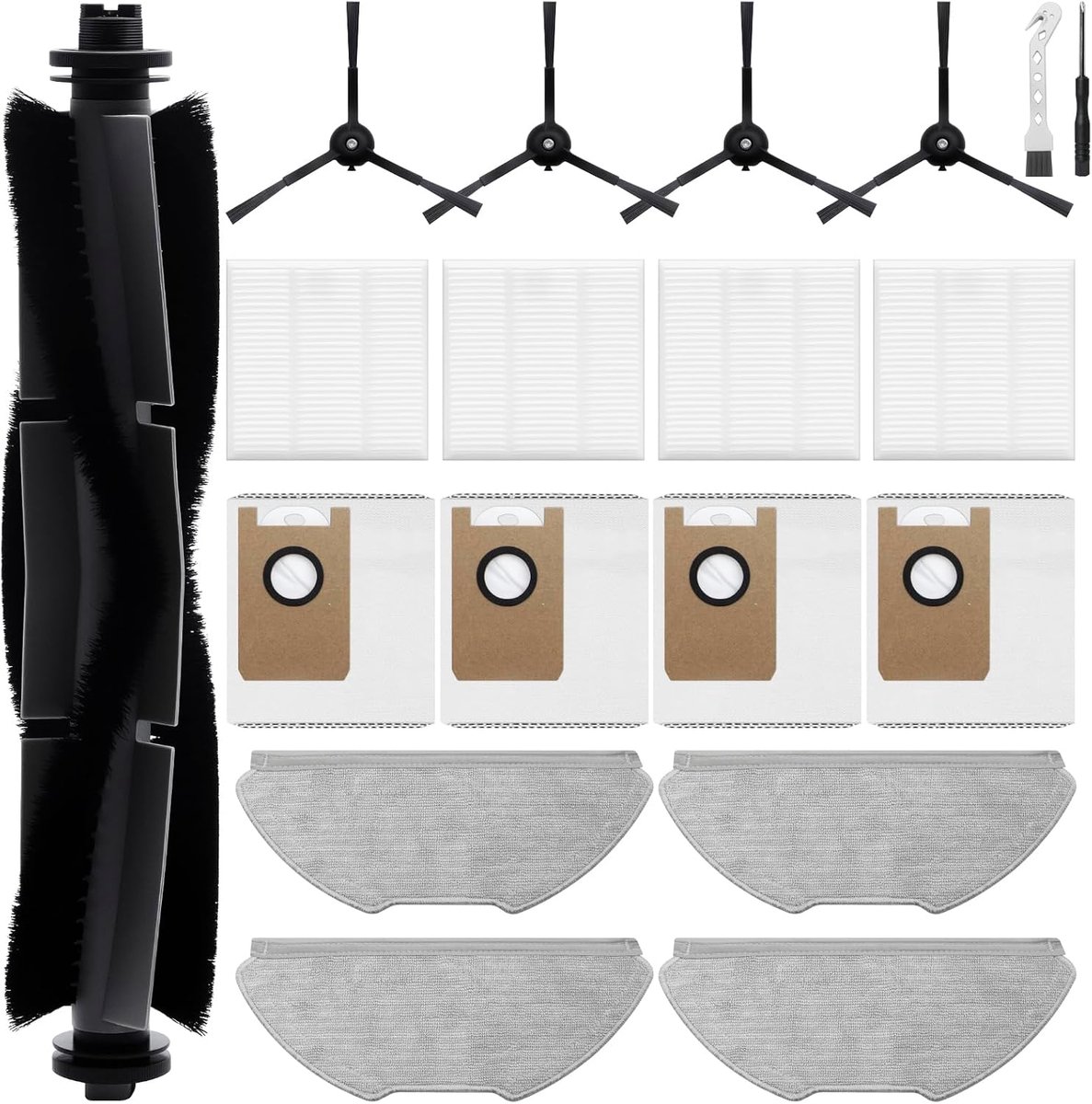 Accessory set for Airrobo T20/T20+/T25+/T30+/T25+C/GT21 robot vacuum cleaner, 1 roller brush, 4 HEPA filters, 4 cleaning cloths, 4 dust bags, 4 side b