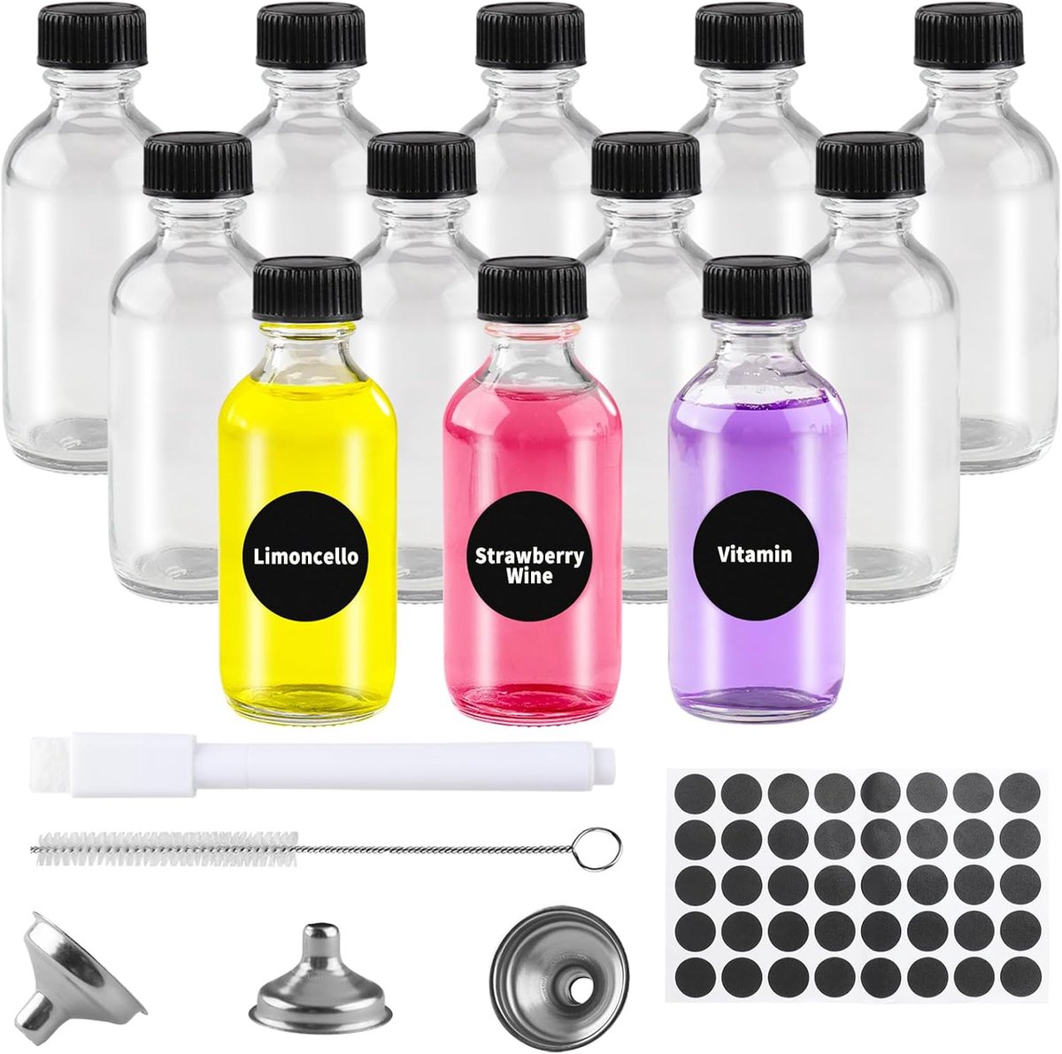 Flessenset, 12 kleine glazen potjes voor feestjes, specerijen, jam, alcohol en decoratie (120 ml)