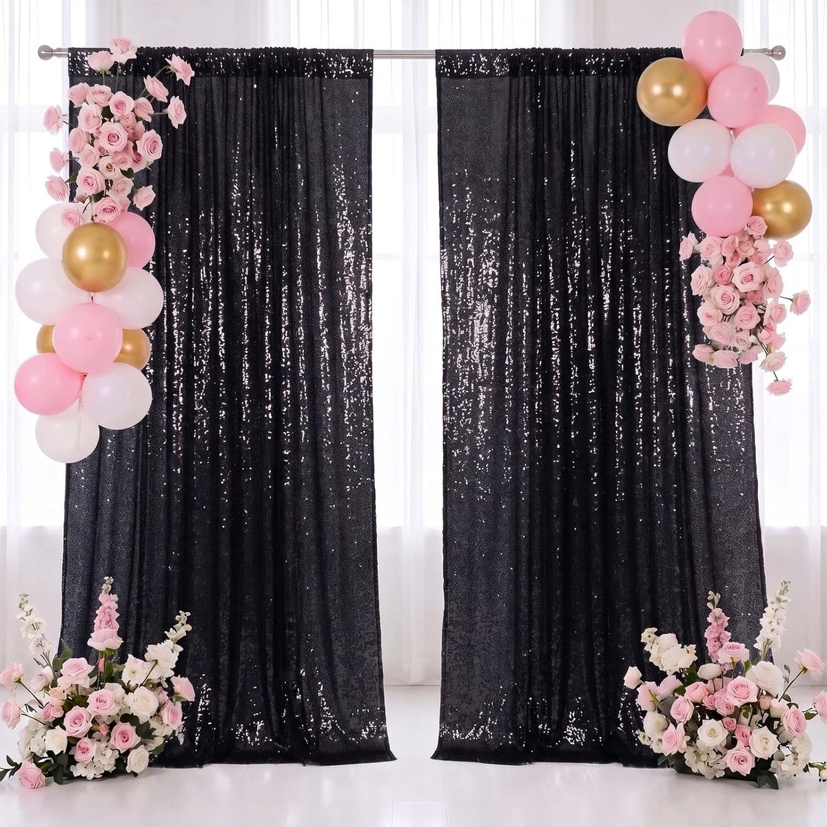 2 stuks achtergrond bruiloft gordijn pailletten - 60 x 240 cm party achtergrond gordijn voor verjaardag fotoachtergrond babyshower bruidsdouche fotowand achtergrond gordijn fotoshoot (zwart)