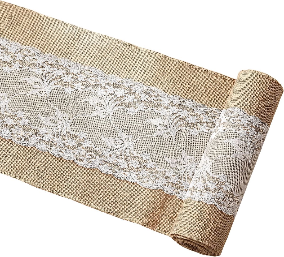 1 rol jute tafelloper met kant, 30 cm x 10 m jute lint vintage