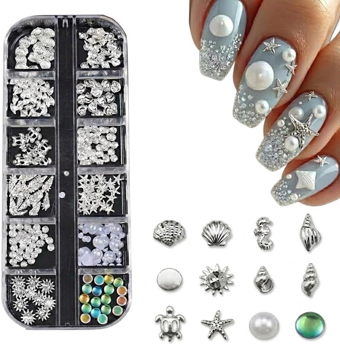 Decoratie voor zomernagels, oceaan, 1 doos met 12 roosters, hanger schelpen en zeesterren, 3D, nail art accessoires voor nagelmodellering en manicure om zelf te maken