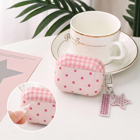 Hoes voor AirPods Pro 3 (2025) met reinigingsset, retro ruitpatroon hoes met ster sleutelhanger, beschermhoes van zacht TPU voor AirPods Pro 3 - roze geruit — afbeelding 3