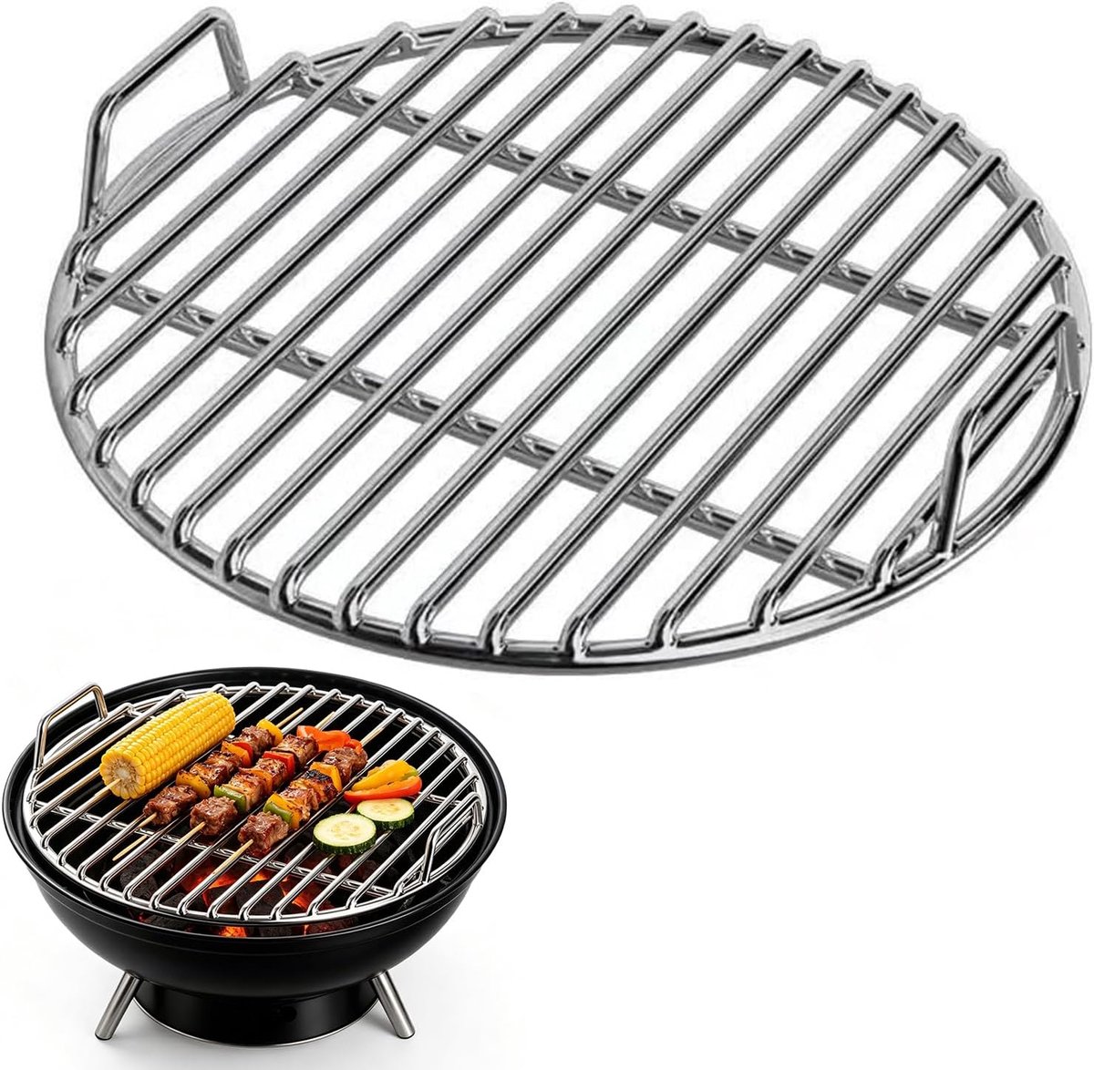 Grillrooster van roestvrij staal, rond, BBQ grillrooster met handvat voor camping en tuin, bakplaat voor kogelbarbecue, houtskoolbarbecue, robuust grillrooster, draagbare grillaccessoires, eenvoudige