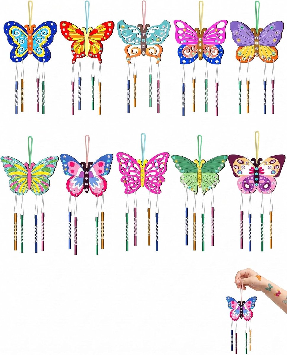 Set met windklokken, vlinders, 10 stuks van natuurlijk hout om zelf te knutselen, creatief knutselwerk voor kinderen, tuindecoratie en gastgeschenken, schattig geluid en rustige sfeer