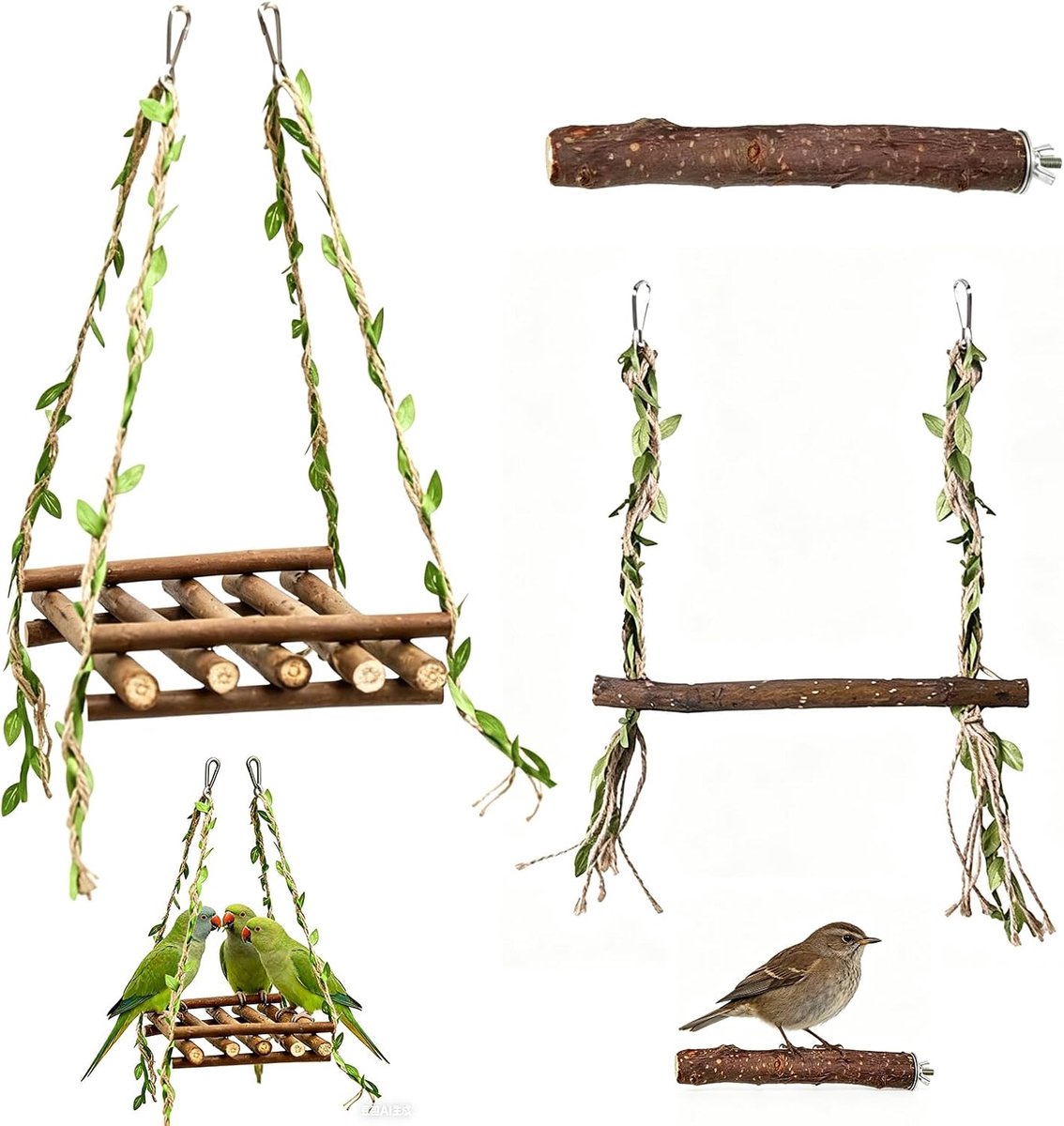 Vogelschommel en Zitstok Set van 3 voor Vogelkooi, 2 Schommels van Natuurlijk Hout met 1 Zitstok, Vogelspeelgoed voor Parkiet en Valkparkiet om te Spelen, Knagen en Bewegen