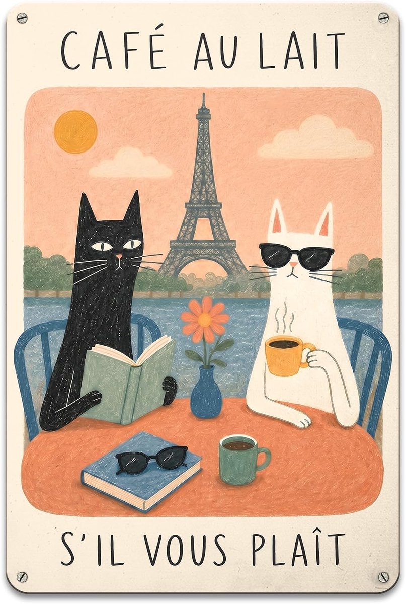 Plus Café Au Lait S'Il Vous Plaît - kattendecoratie, poster wanddecoratie, kattendecoratie, wanddecoratie, vintage metalen plaat, keukendecoratie, vintage decoratie (model #1)