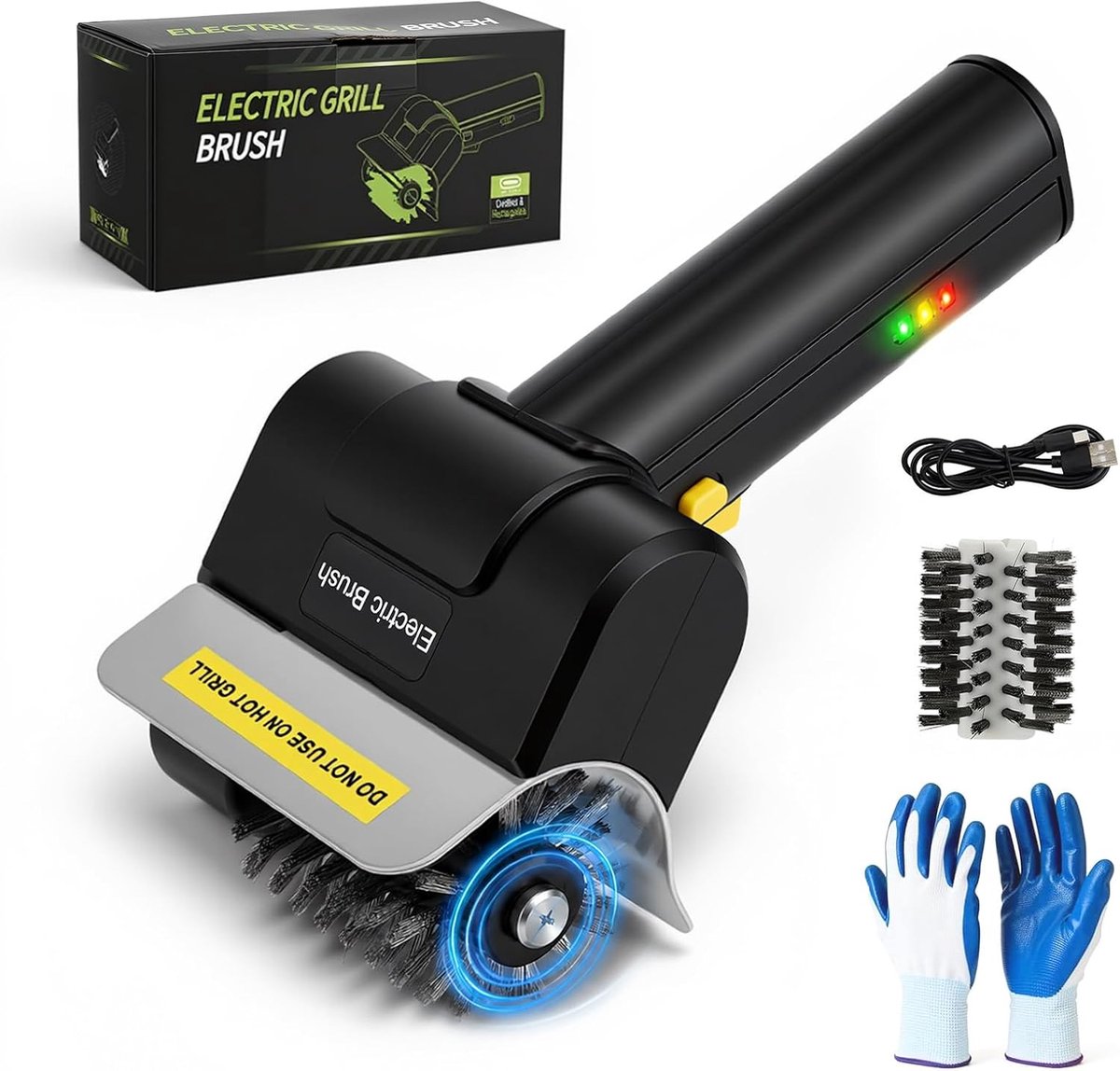Grillborstel voor buitenbarbecue, draadloze elektrische grillborstel, 1100 tpm, inclusief reserveborstel, oplaadbare USB-BBQ-reiniger geschikt voor alle barbecues, zwart