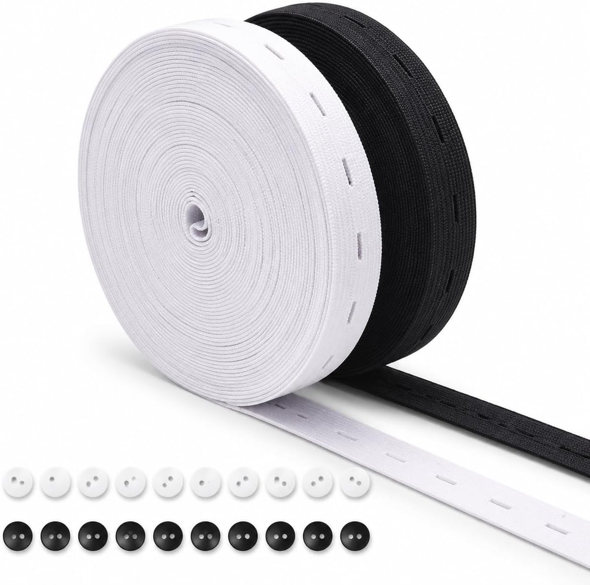 Elastische naaien met knoopsgat, elastische band naaien met 20 harsknopen voor aanpassing van de maat van kleding, 15 mm elastisch naaien voor kleding, broeken, rokken, jassen