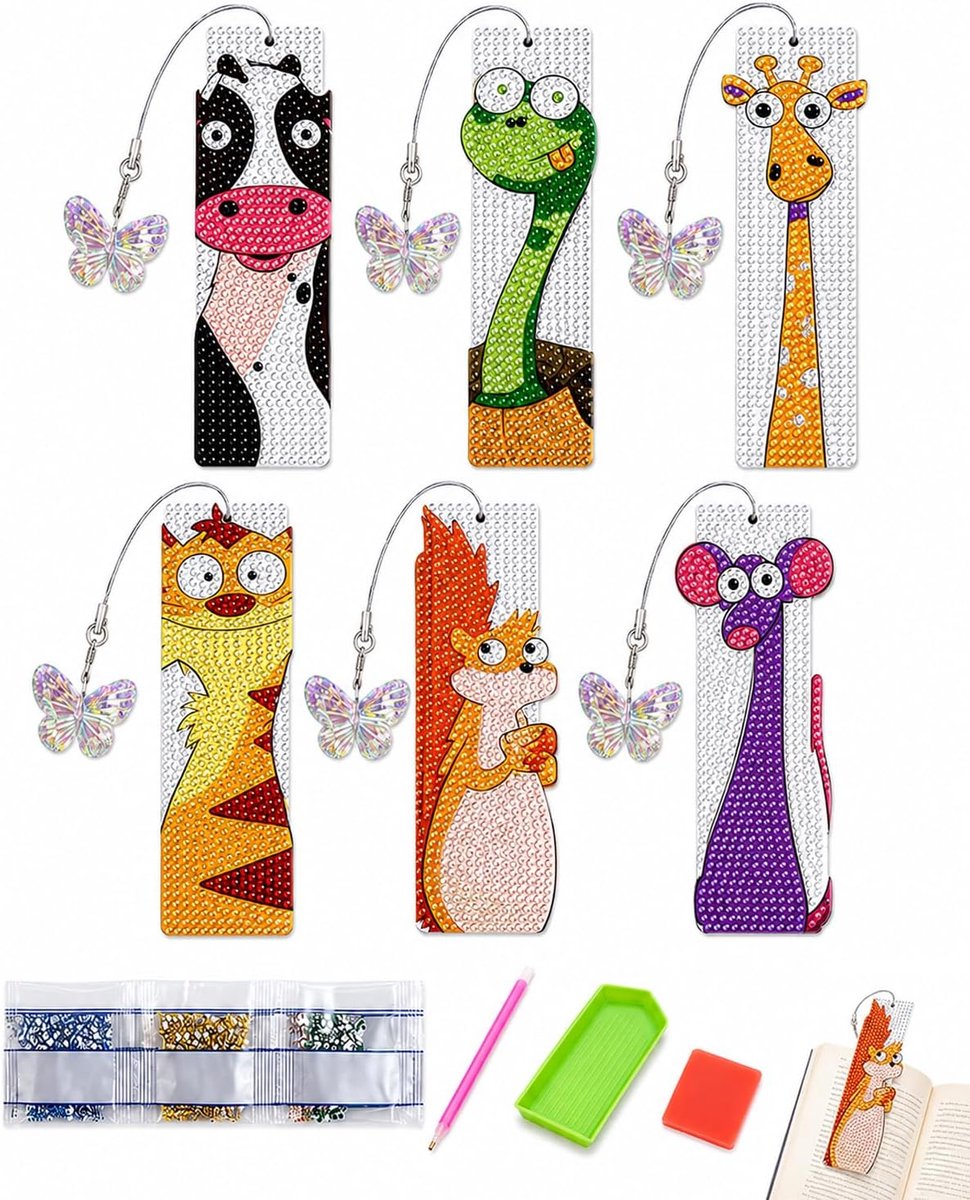 Painting bladwijzers, 6 stuks, complete doe-het-zelf knutselset met fonkelende kristallen hangers in dierenvormen voor kinderen en volwassenen, creatief handwerk en cadeau