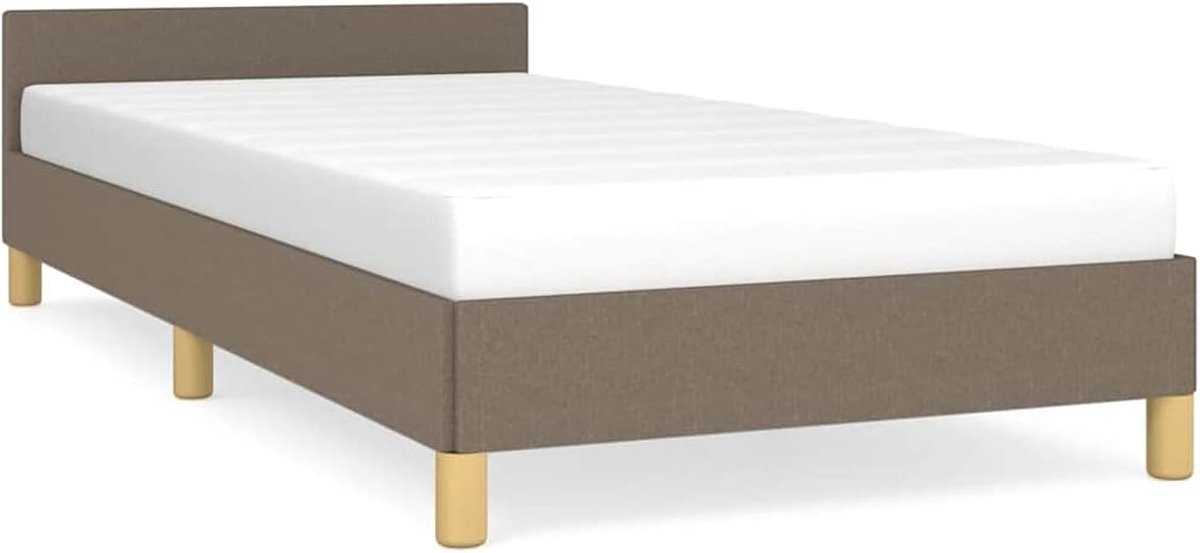 Bed met hoofdeinde in taupegrijze stof, structuur van spaanplaat en multiplex, 90 x 190 cm, inclusief lattenbodem voor volwassenen, ideaal voor moderne en kleine slaapkamers